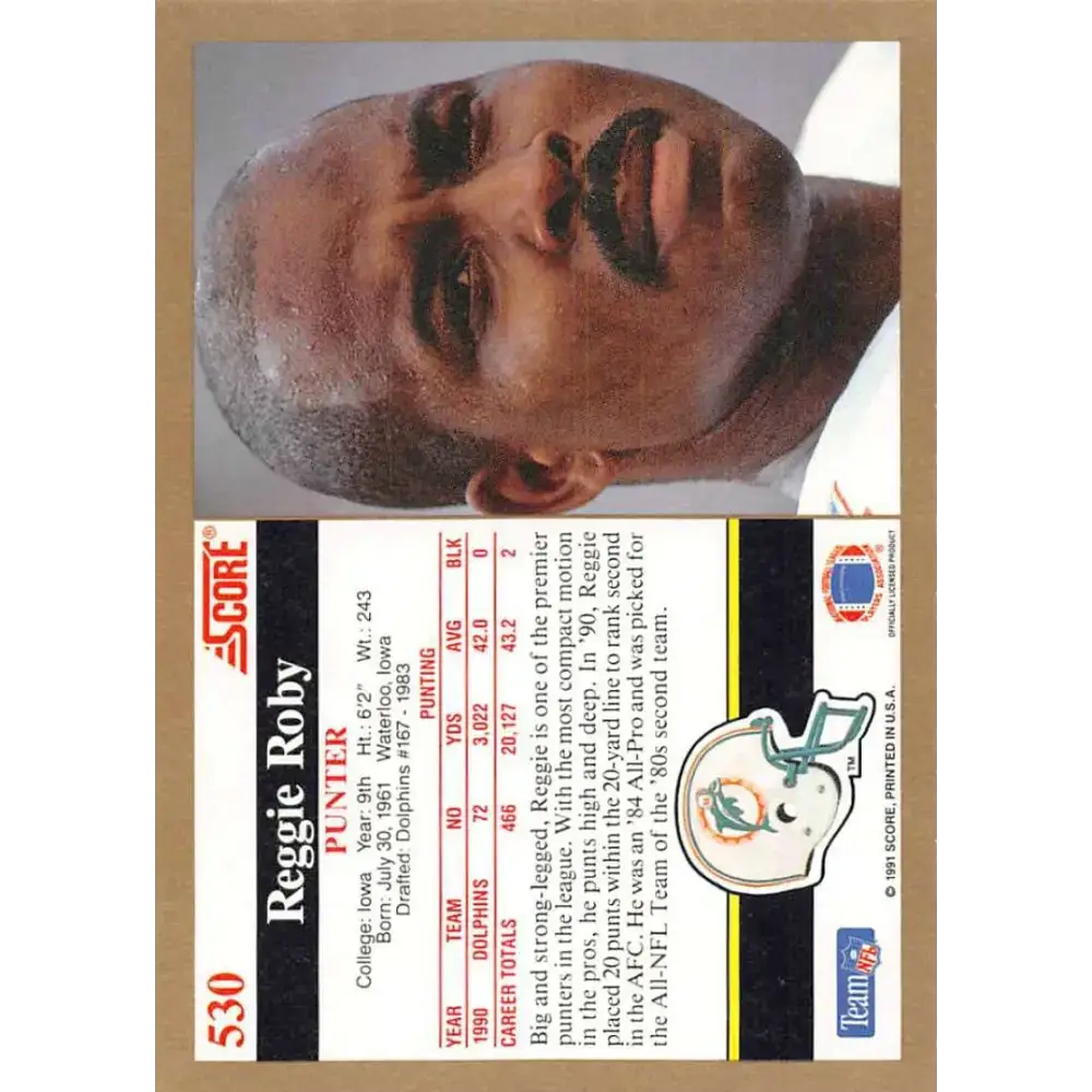 1991 Score #530 Reggie Roby EX Excellent Miami Dolphins Football Card - Football Card Single