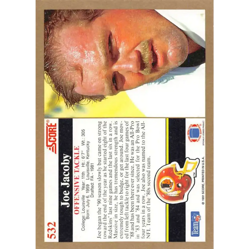 1991 Score #532 Joe Jacoby EX Excellent Washington Redskins Football Card - Football Card Single