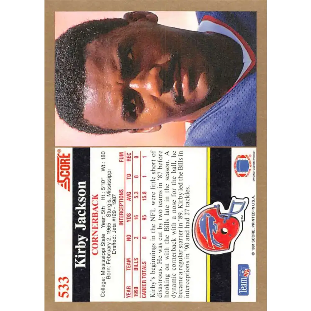 1991 Score #533 Kirby Jackson EX Excellent RC Rookie Buffalo Bills Football Card
