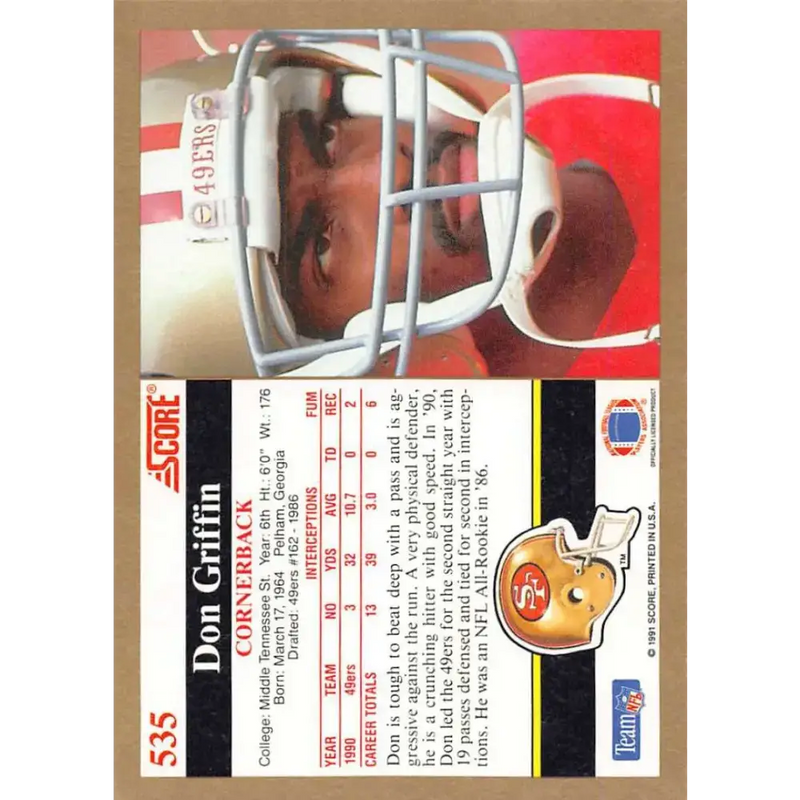 1991 Score #535 Don Griffin EX Excellent San Francisco 49ers Football Card - Football Card Single