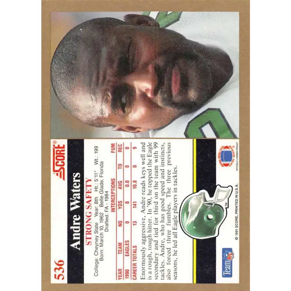 1991 Score #536 Andre Waters EX Excellent Philadelphia Eagles Football Card - Football Card Single