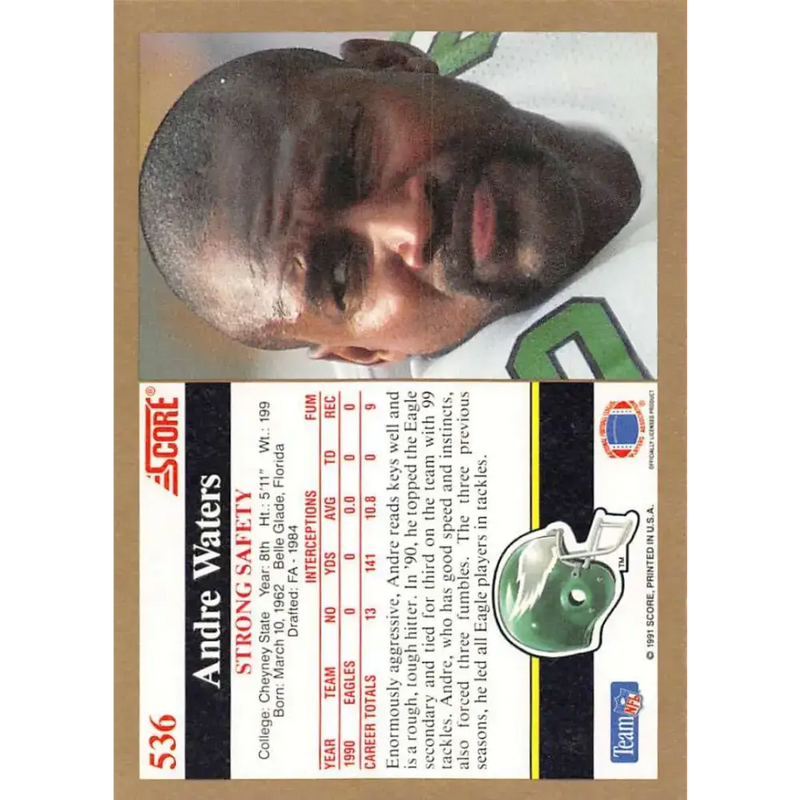 1991 Score #536 Andre Waters EX Excellent Philadelphia Eagles Football Card - Football Card Single