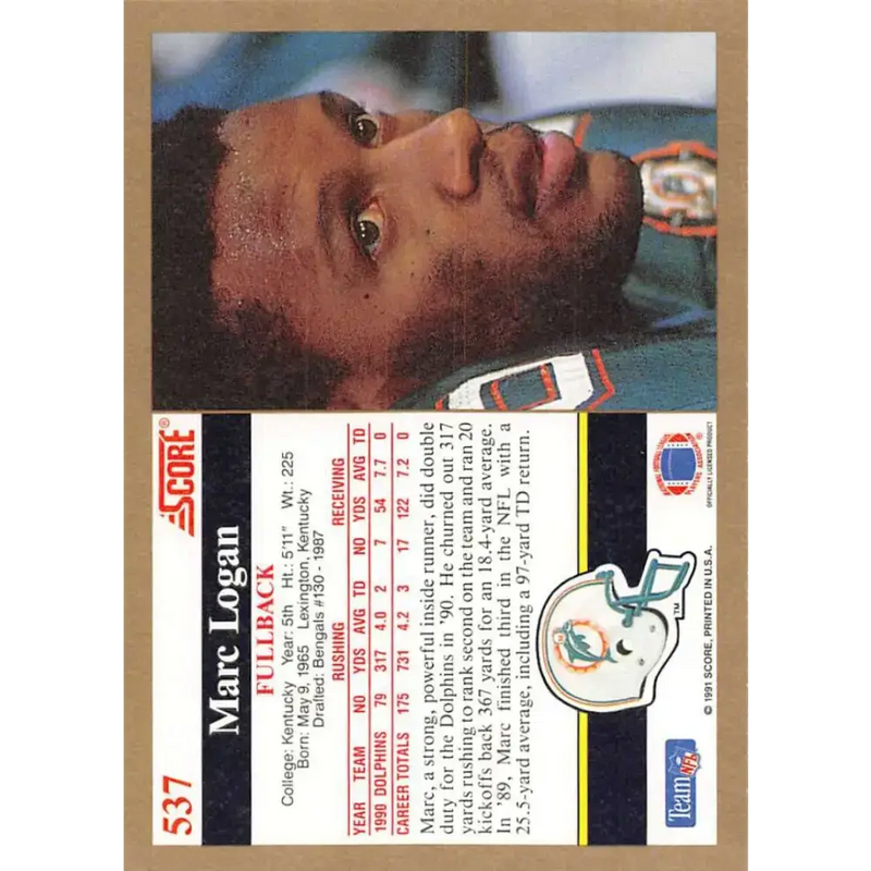 1991 Score #537 Marc Logan EX Excellent Miami Dolphins Football Card - Football Card Single