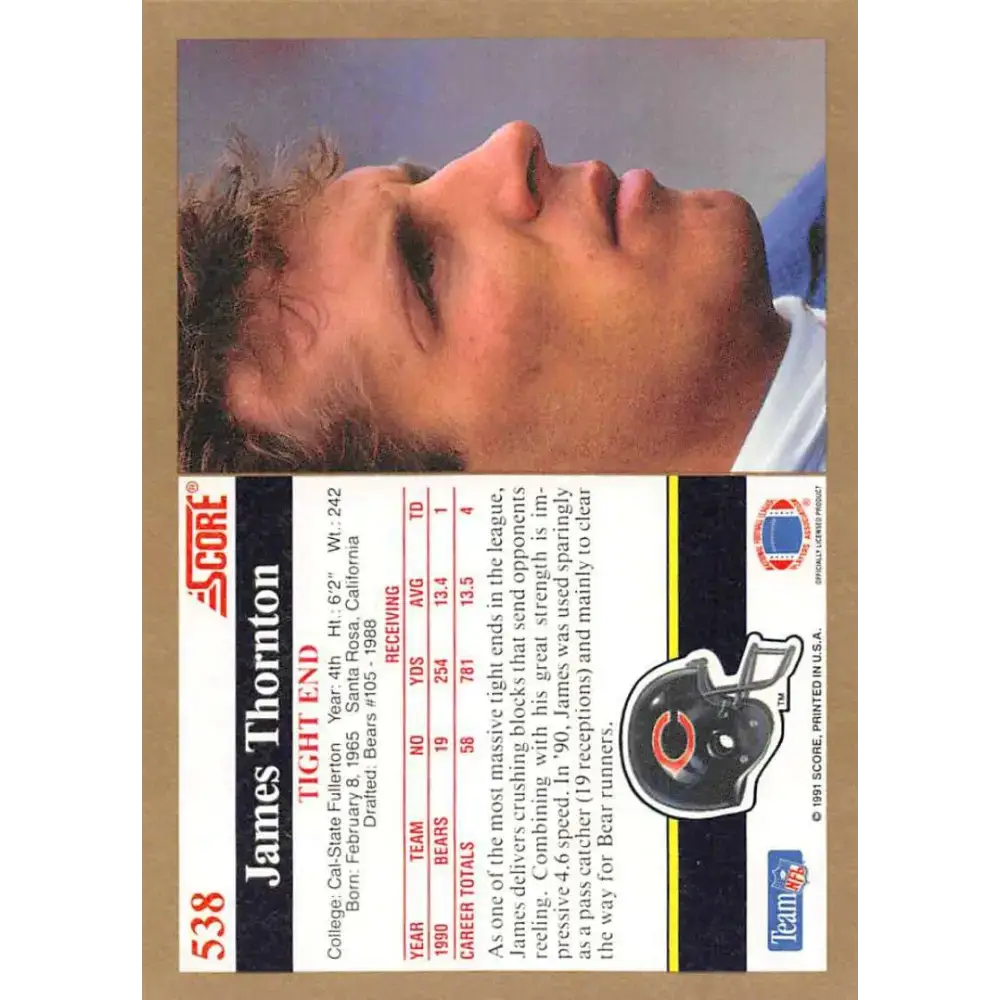 1991 Score #538 James Thornton EX Excellent Chicago Bears Football Card - Football Card Single