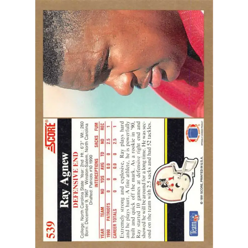 1991 Score #539 Ray Agnew EX Excellent New England Patriots Football Card - Football Card Single