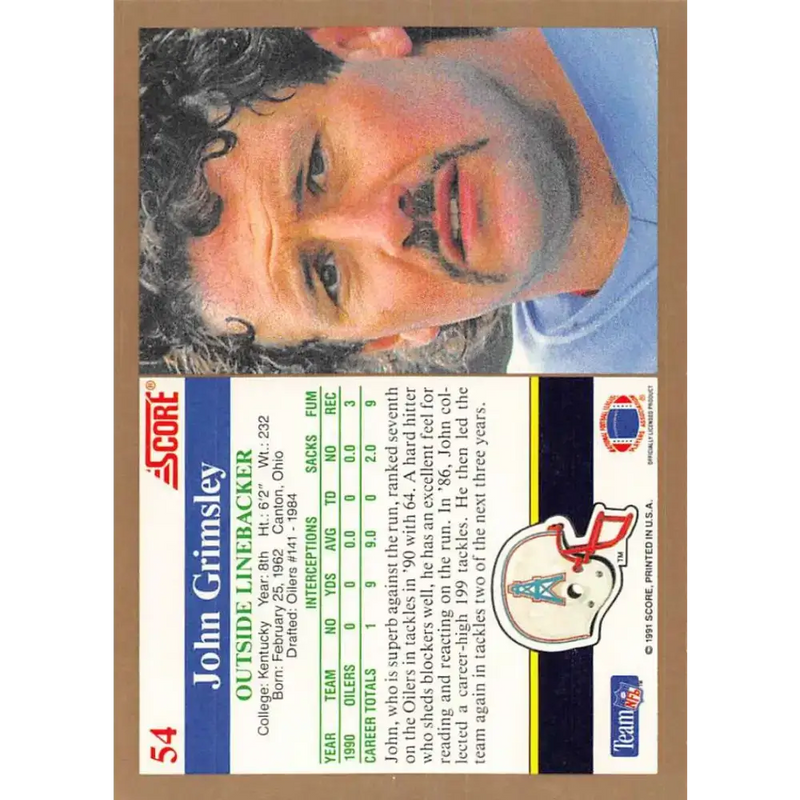 1991 Score #54 John Grimsley EX Excellent Houston Oilers Football Card - Football Card Single