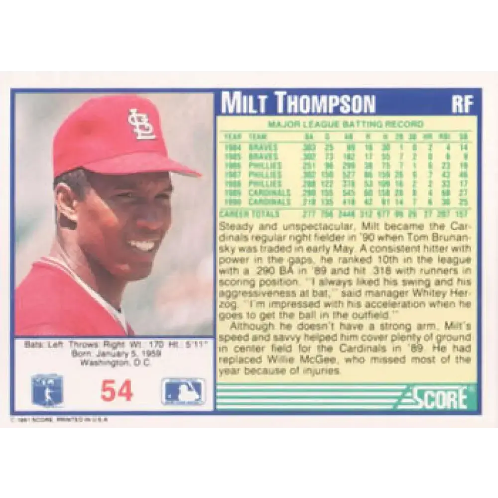 1991 Score #54 Milt Thompson NM-MT St. Louis Cardinals Baseball Card - Baseball Card Single