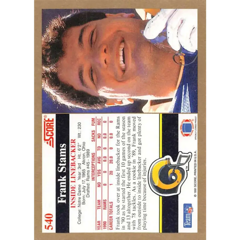 1991 Score #540 Frank Stams EX Excellent Los Angeles Rams Football Card - Football Card Single