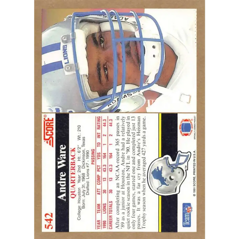 1991 Score #542 Andre Ware EX Excellent Detroit Lions Football Card - Football Card Single