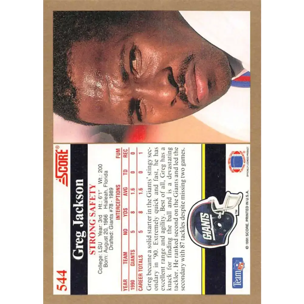 1991 Score #544 Greg Jackson EX Excellent RC Rookie New York Giants Football Card
