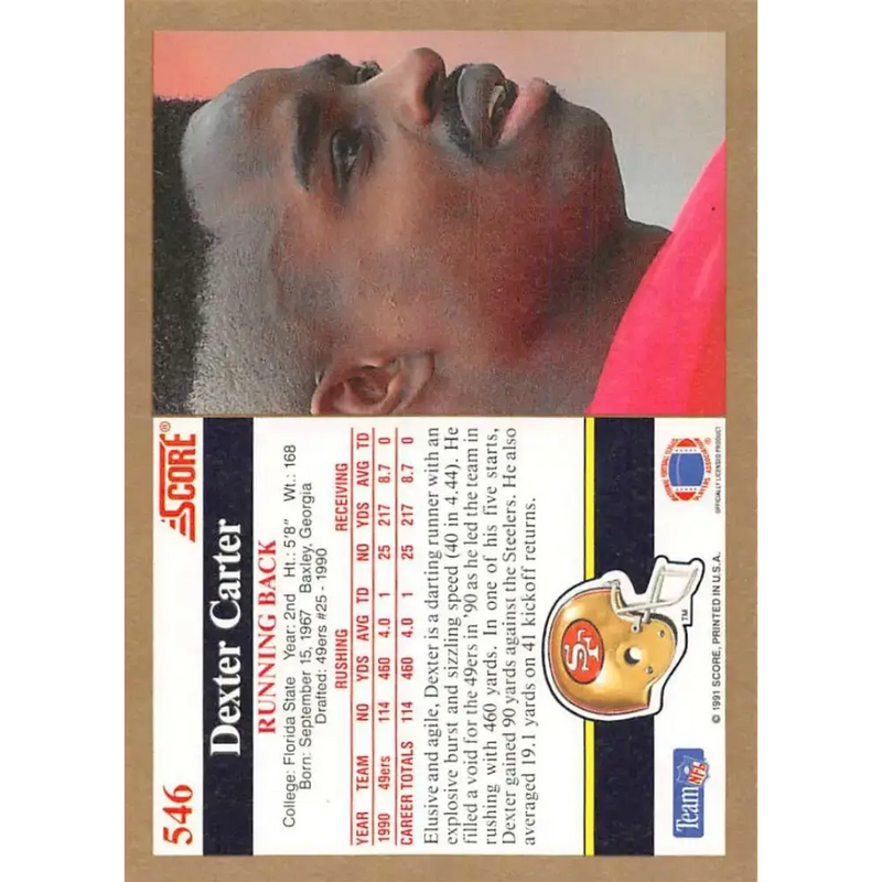 1991 Score #546 Dexter Carter EX Excellent San Francisco 49ers Football Card - Football Card Single