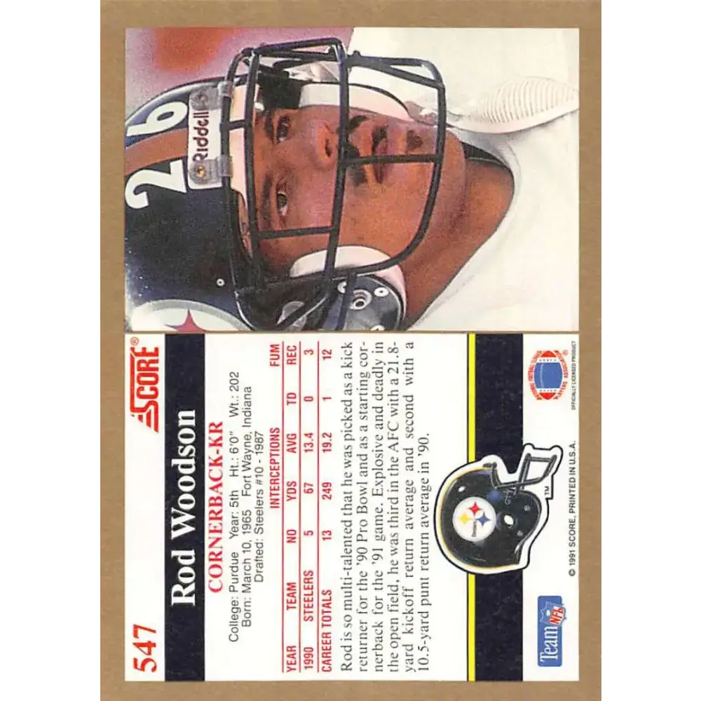 1991 Score #547 Rod Woodson EX Excellent Pittsburgh Steelers Football Card - Football Card Single