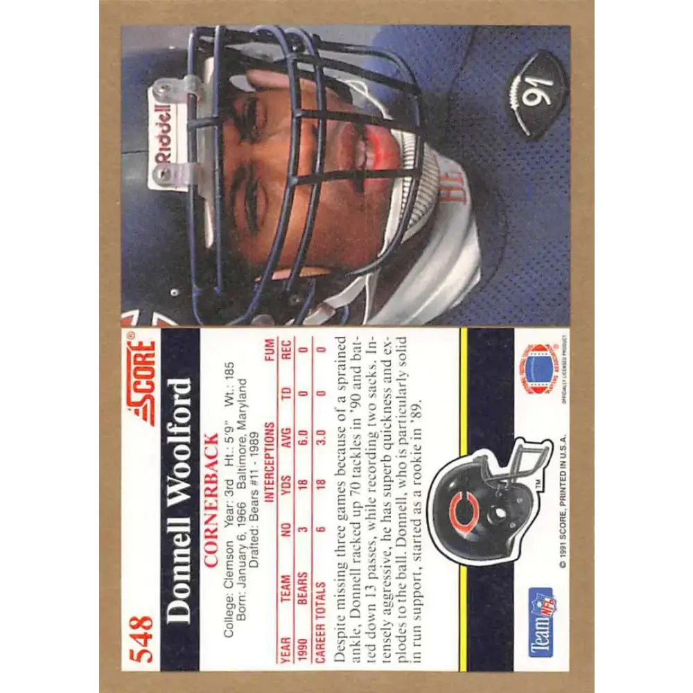 1991 Score #548 Donnell Woolford EX Excellent Chicago Bears Football Card - Football Card Single