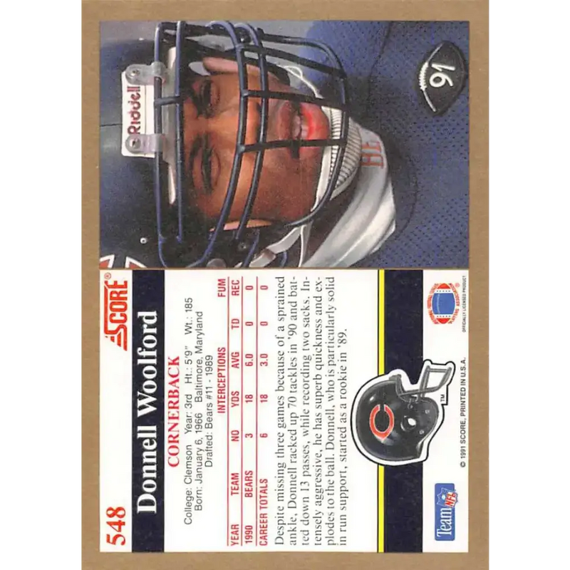 1991 Score #548 Donnell Woolford EX Excellent Chicago Bears Football Card - Football Card Single