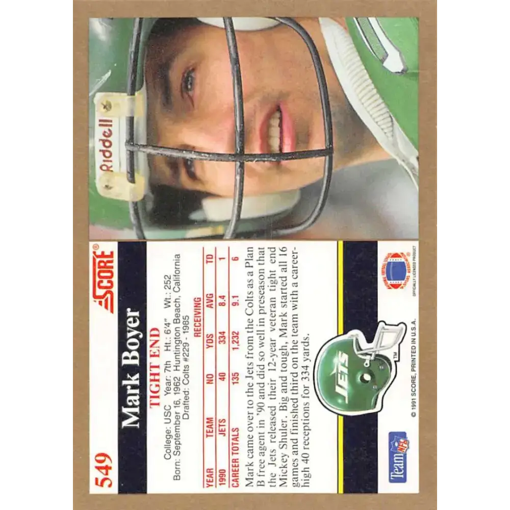 1991 Score #549 Mark Boyer EX Excellent New York Jets Football Card - Football Card Single