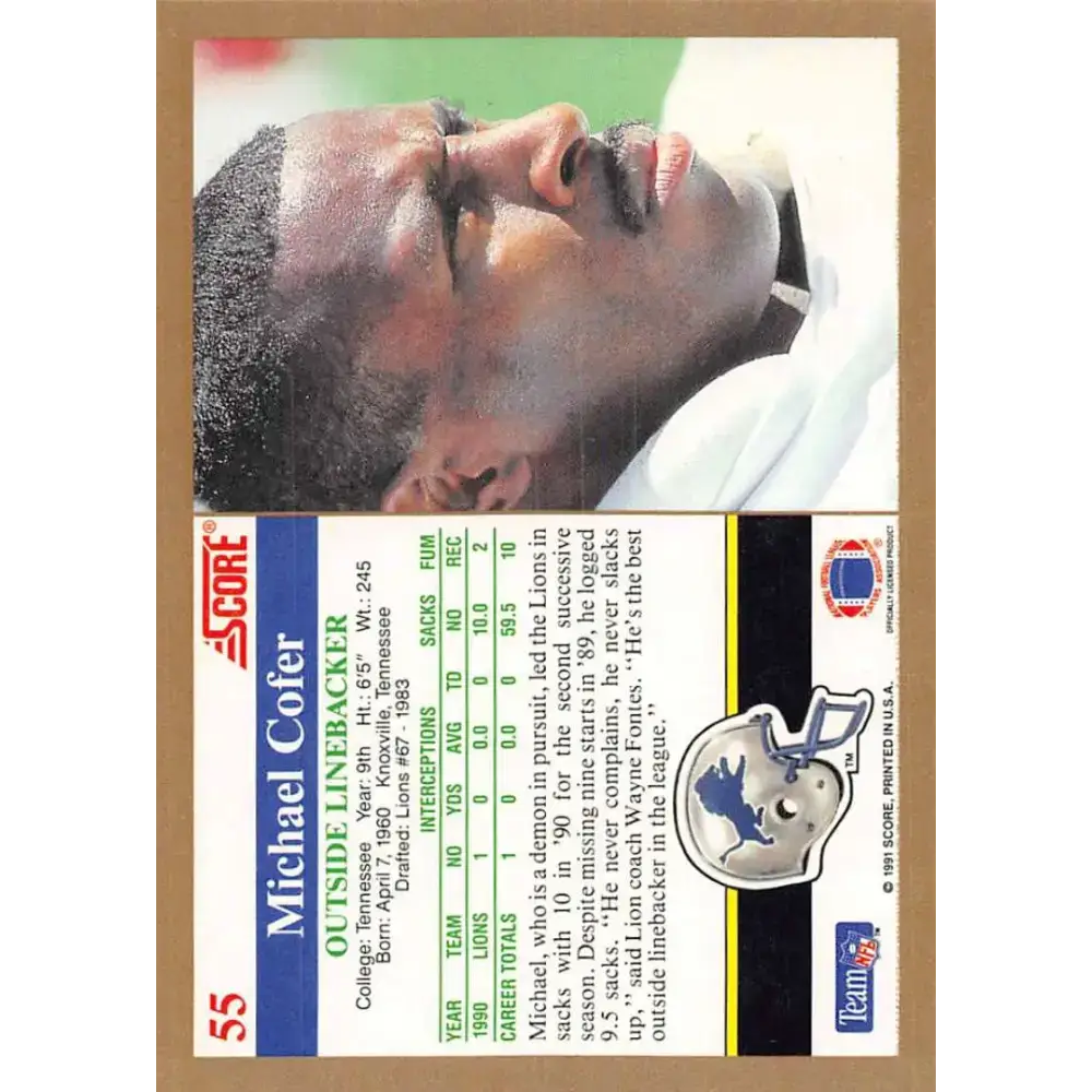 1991 Score #55 Michael Cofer EX Excellent Detroit Lions Football Card - Football Card Single