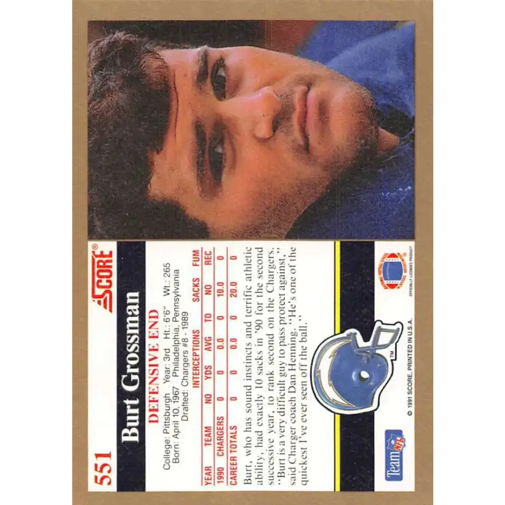 1991 Score #551 Burt Grossman EX Excellent San Diego Chargers Football Card - Football Card Single