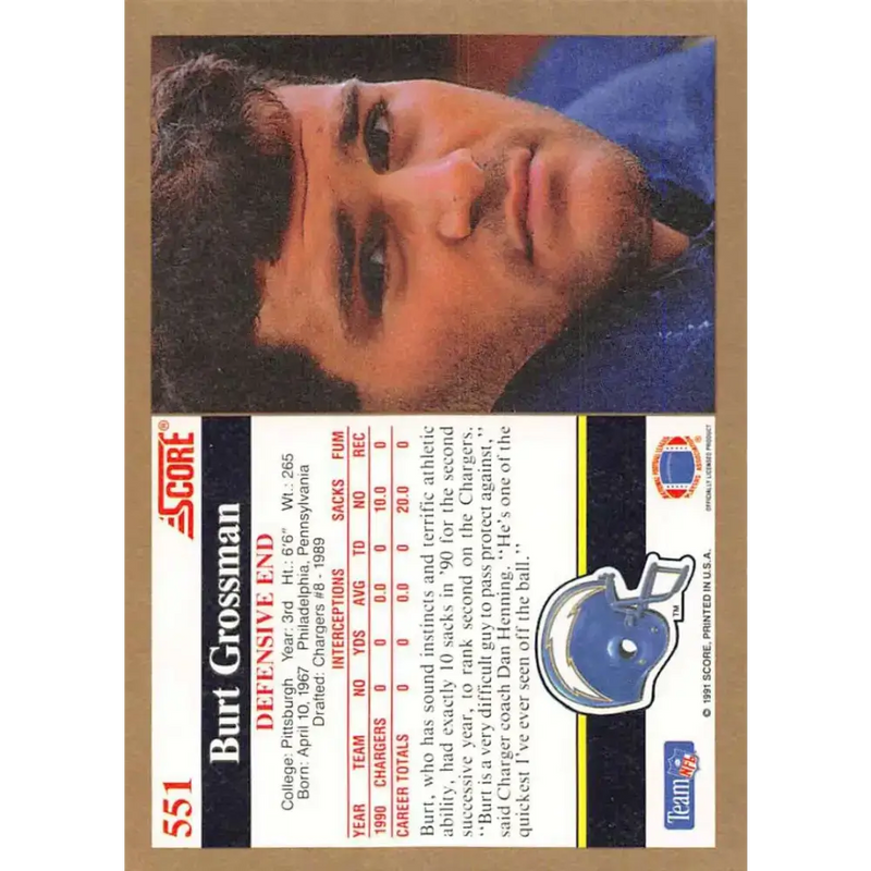 1991 Score #551 Burt Grossman EX Excellent San Diego Chargers Football Card - Football Card Single