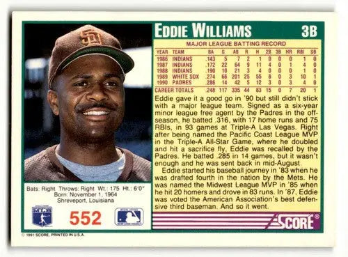 Original gloss San Diego Padres Eddie Williams baseball card from 1991 Score #552