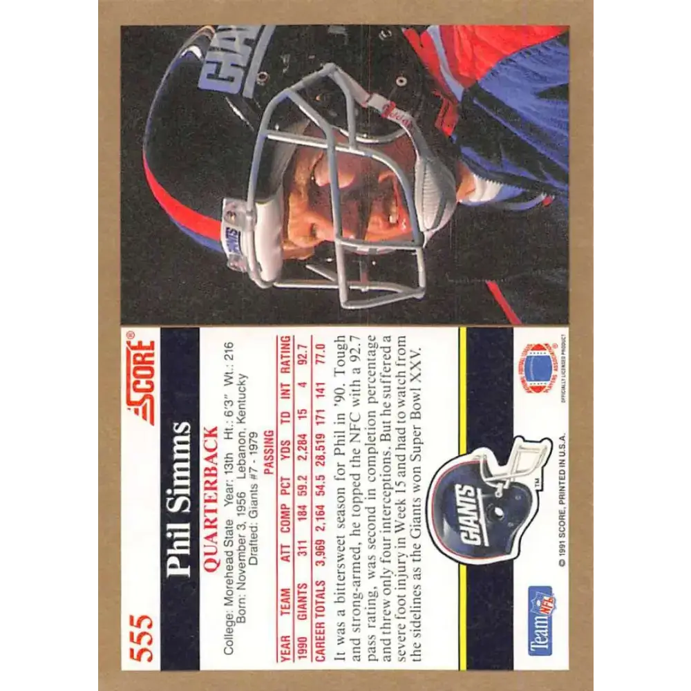 1991 Score #555 Phil Simms EX Excellent New York Giants Football Card - Football Card Single