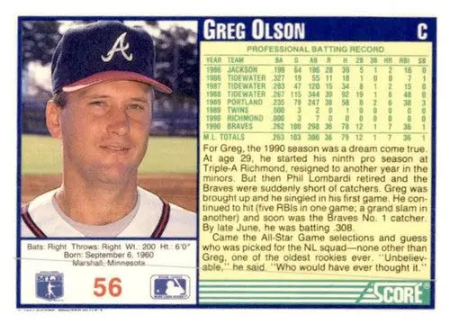 Original gloss Greg Olson baseball card from 1991 Score #56 featuring Greg Olson