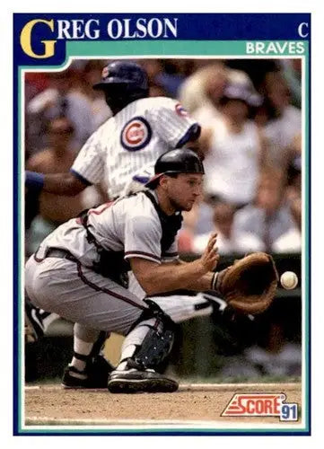 Original gloss Greg Olson baseball card from 1991 Score #56 featuring Simply Sandoval
