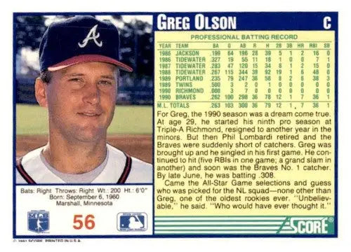 1991 Score #56 Greg Olson EX/NM - Baseball Card Single