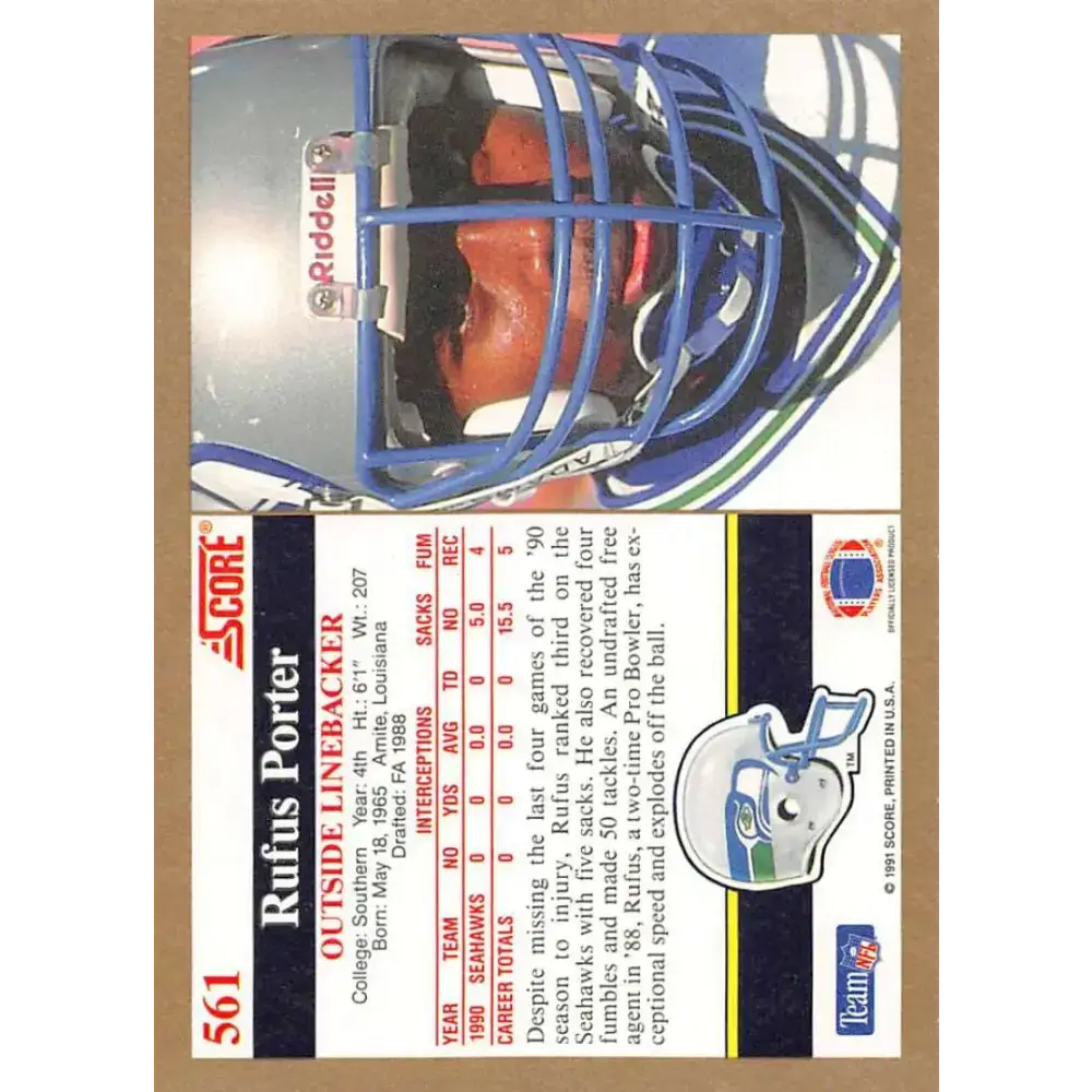 1991 Score #561 Rufus Porter EX Excellent Seattle Seahawks Football Card - Football Card Single