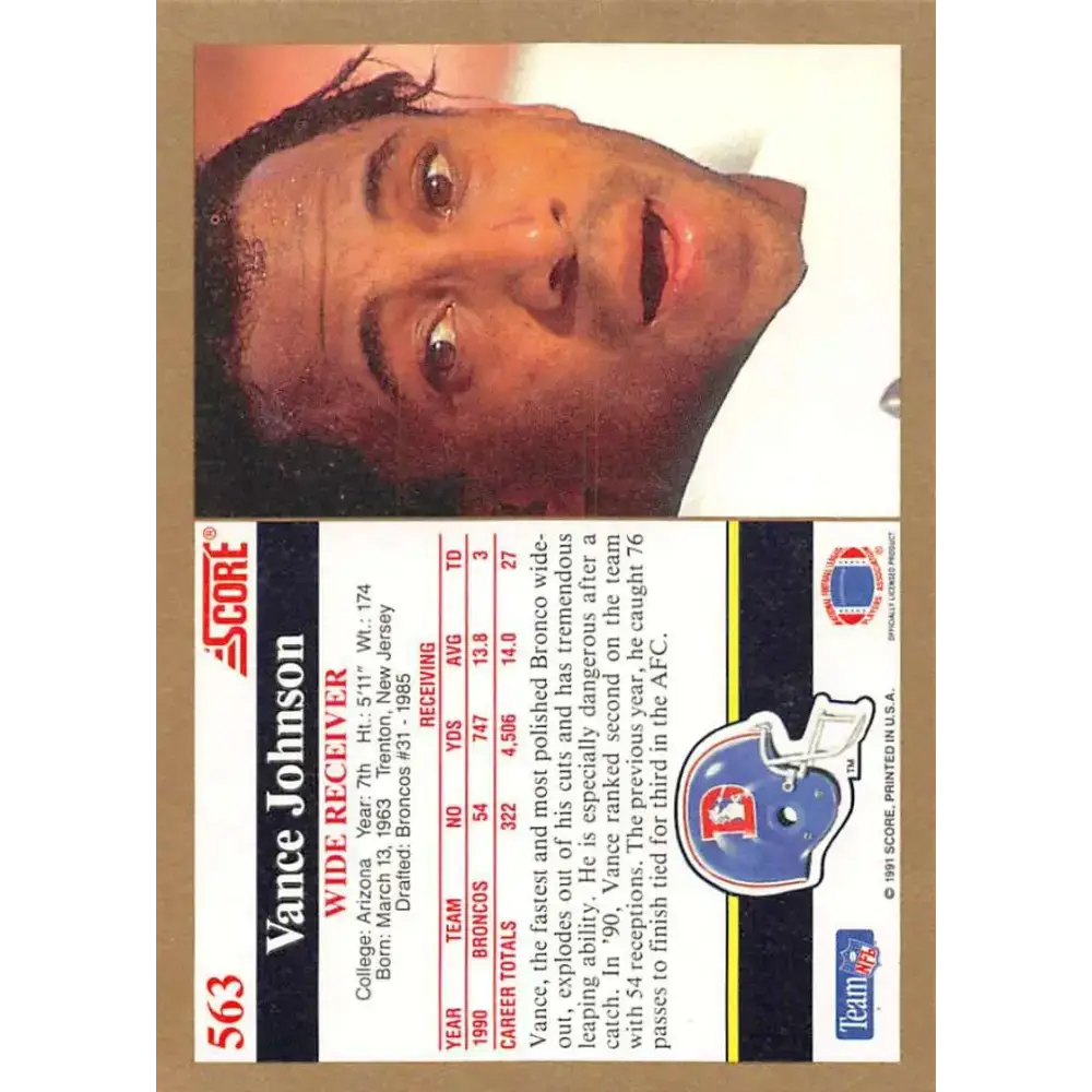 1991 Score #563 Vance Johnson EX Excellent Denver Broncos Football Card - Football Card Single
