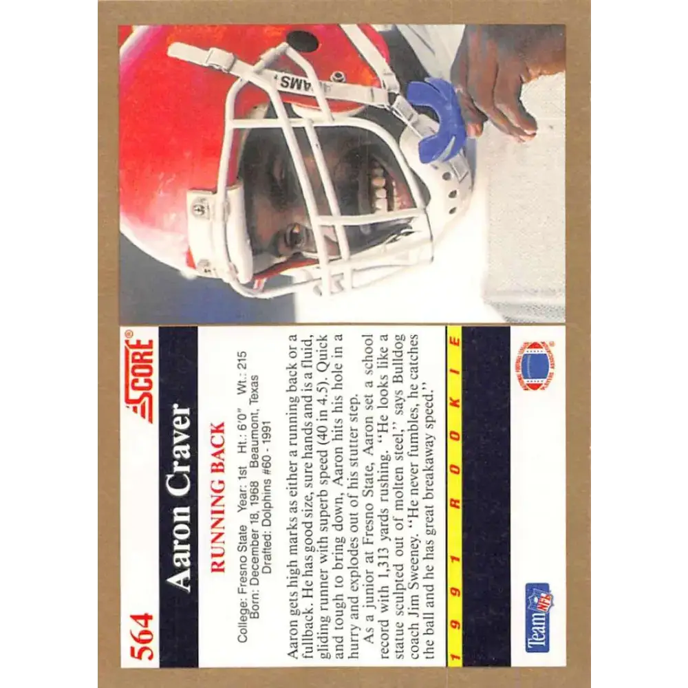 1991 Score #564 Aaron Craver EX Excellent RC Rookie Fresno State Bulldogs Football Card - Football Card Single
