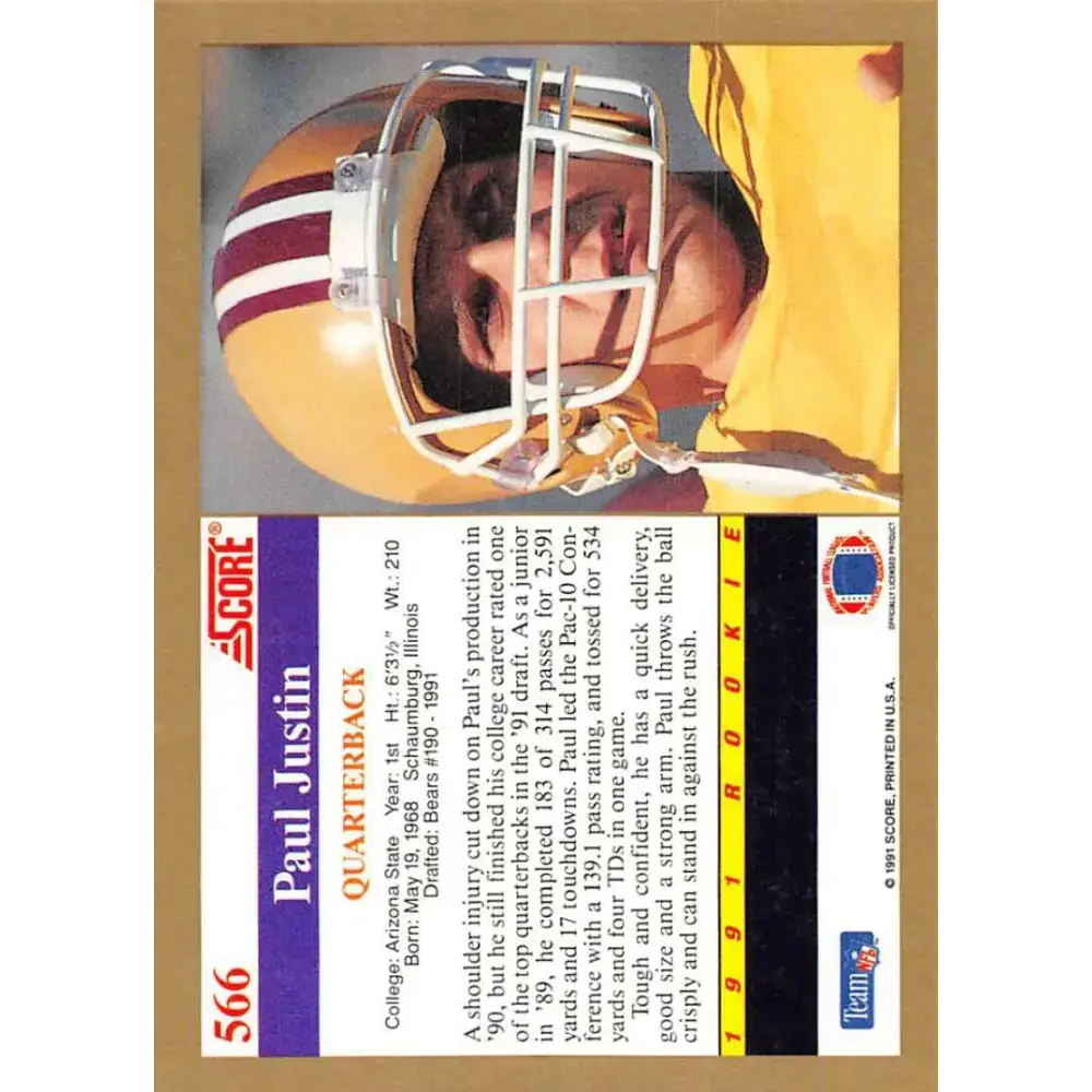 1991 Score #566 Paul Justin EX Excellent RC Rookie Arizona State Sun Devils Football Card - Football Card Single