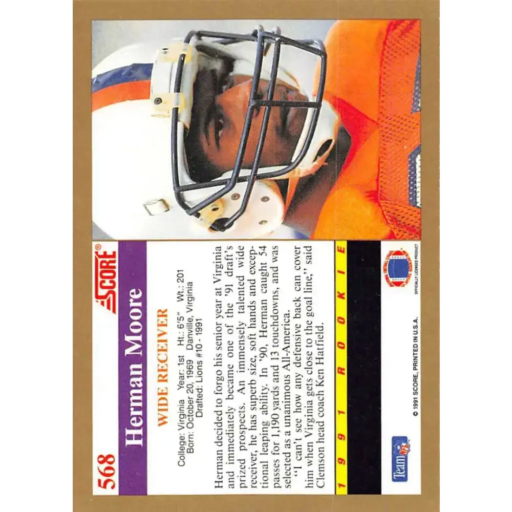 1991 Score #568 Herman Moore EX Excellent RC Rookie Virginia Cavaliers Football Card - Football Card Single