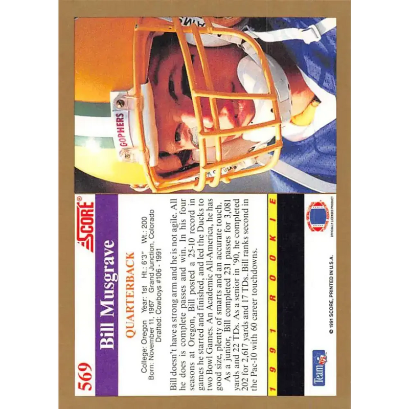 1991 Score #569 Bill Musgrave EX Excellent RC Rookie Oregon Ducks Football Card - Football Card Single