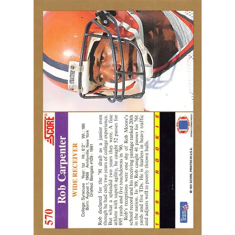 1991 Score #570 Rob Carpenter EX Excellent RC Rookie Syracuse Orangemen Football Card - Football Card Single