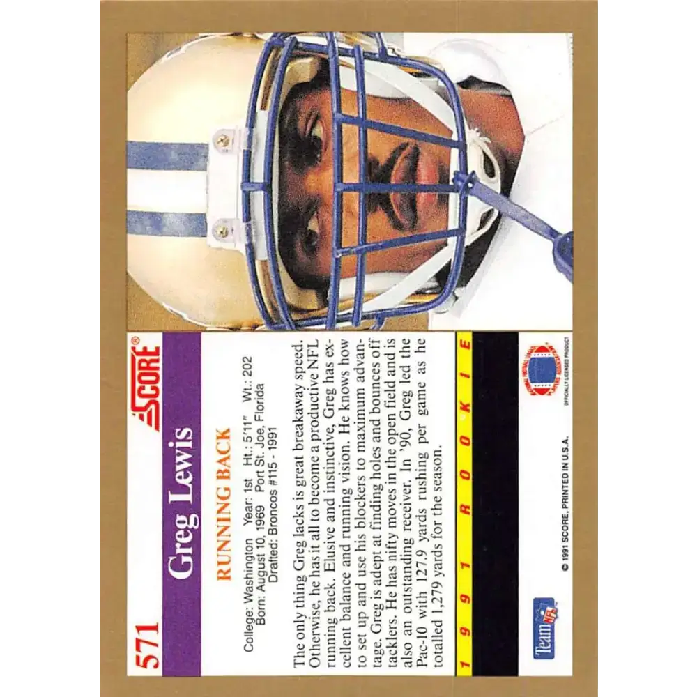 1991 Score #571 Greg Lewis EX Excellent RC Rookie Washington Huskies Football Card - Football Card Single
