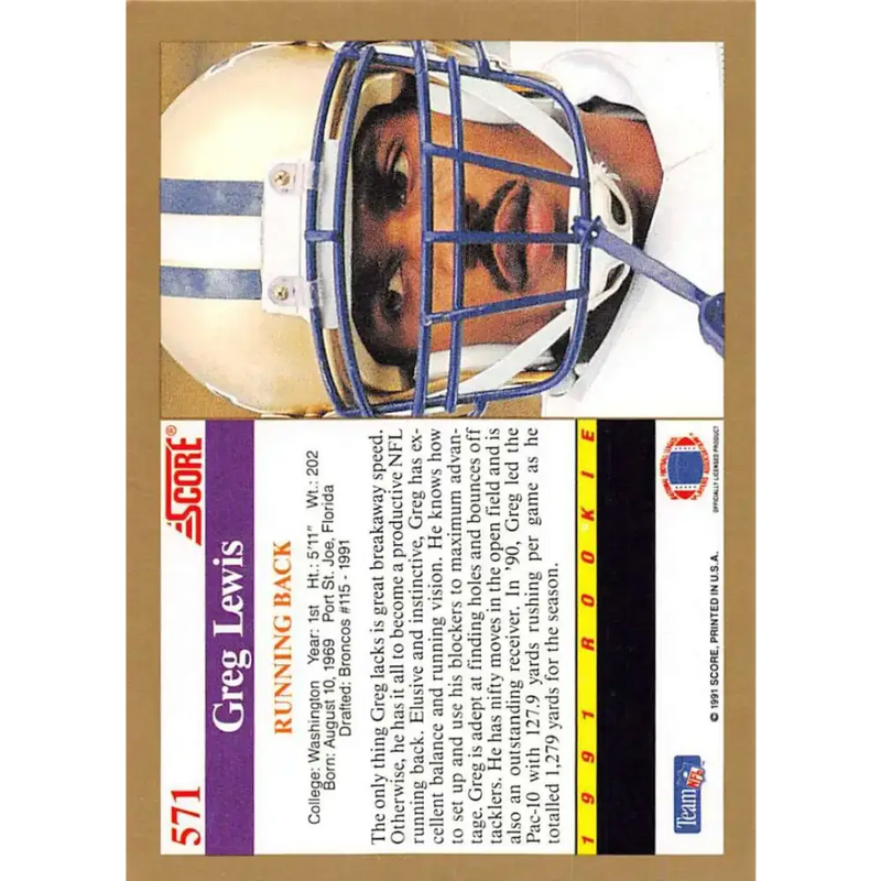 1991 Score #571 Greg Lewis EX Excellent RC Rookie Washington Huskies Football Card - Football Card Single