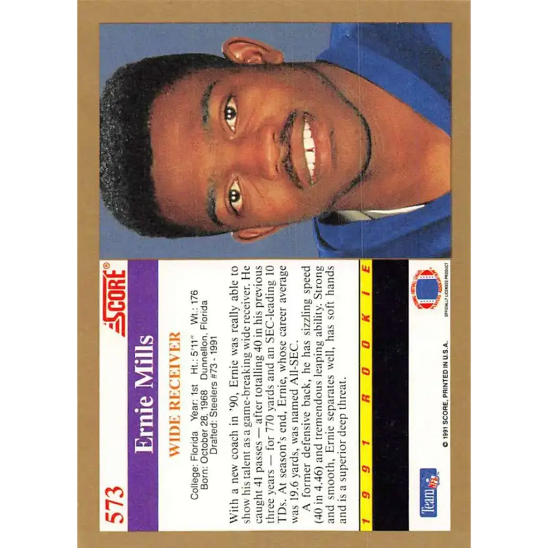 1991 Score #573 Ernie Mills EX Excellent RC Rookie Pittsburgh Steelers Football Card - Football Card Single