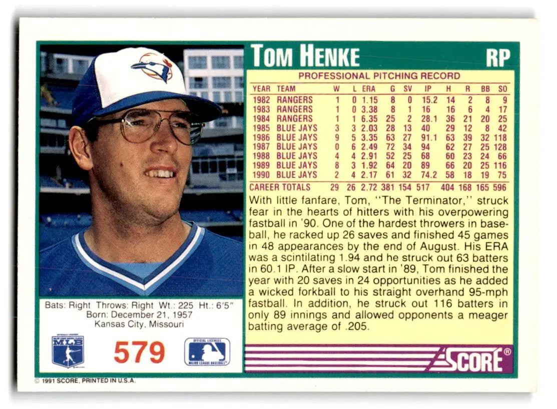 1991 Score #579 Tom Henke - Baseball Card Single