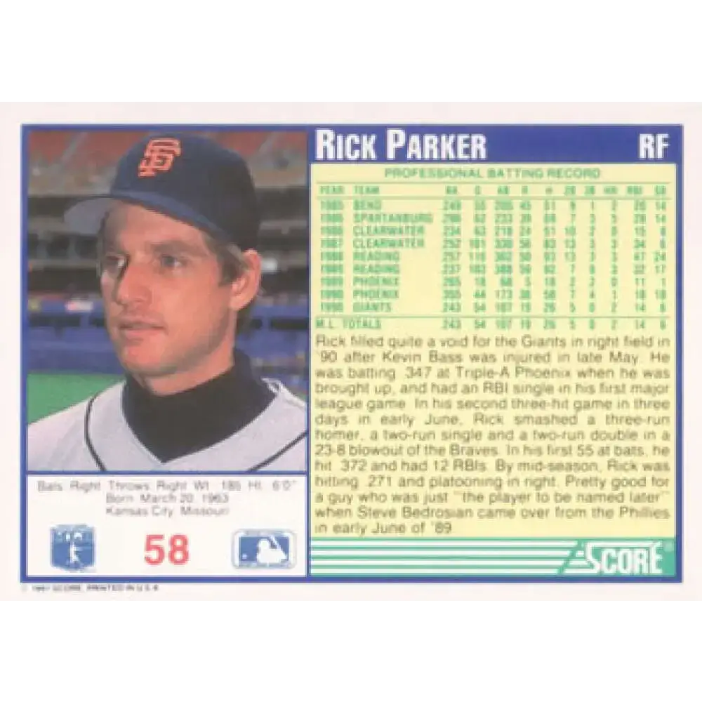 1991 Score #58 Rick Parker NM-MT San Francisco Giants Baseball Card - Baseball Card Single
