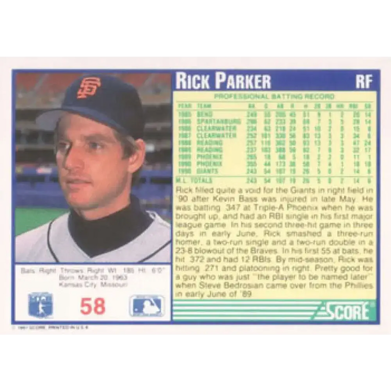 1991 Score #58 Rick Parker NM-MT San Francisco Giants Baseball Card - Baseball Card Single
