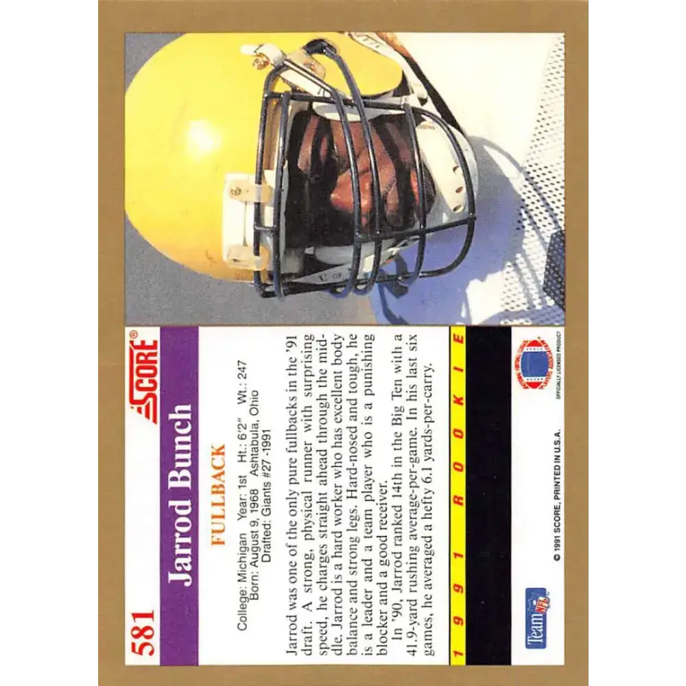 1991 Score #581 Jarrod Bunch EX Excellent RC Rookie Michigan Wolverines Football Card - Football Card Single