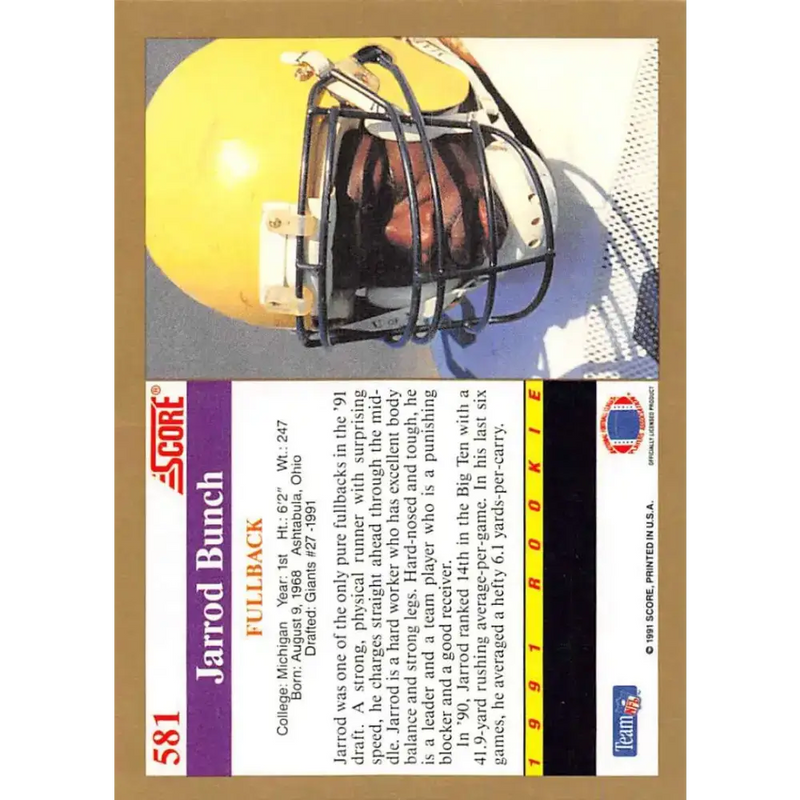 1991 Score #581 Jarrod Bunch EX Excellent RC Rookie Michigan Wolverines Football Card - Football Card Single
