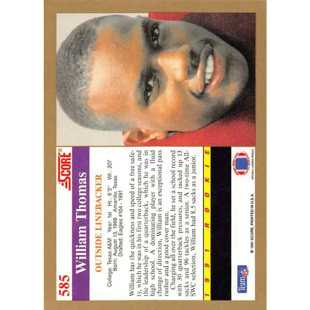 1991 Score #585 William Thomas EX Excellent RC Rookie Texas A&M Aggies Football Card - Football Card Single