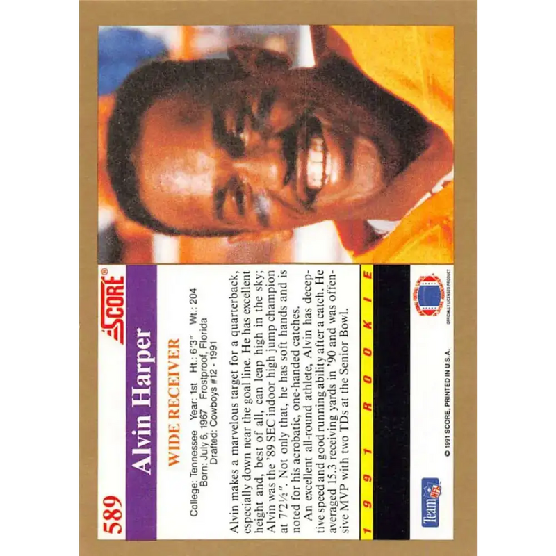 1991 Score #589 Alvin Harper EX Excellent RC Rookie Tennessee Volunteers Football Card - Football Card Single