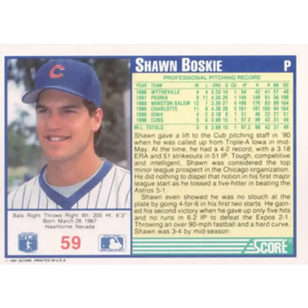 1991 Score #59 Shawn Boskie NM-MT Chicago Cubs Baseball Card - Baseball Card Single