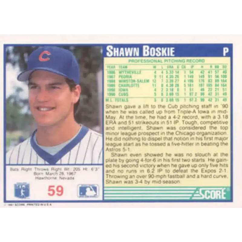 1991 Score #59 Shawn Boskie NM-MT Chicago Cubs Baseball Card - Baseball Card Single