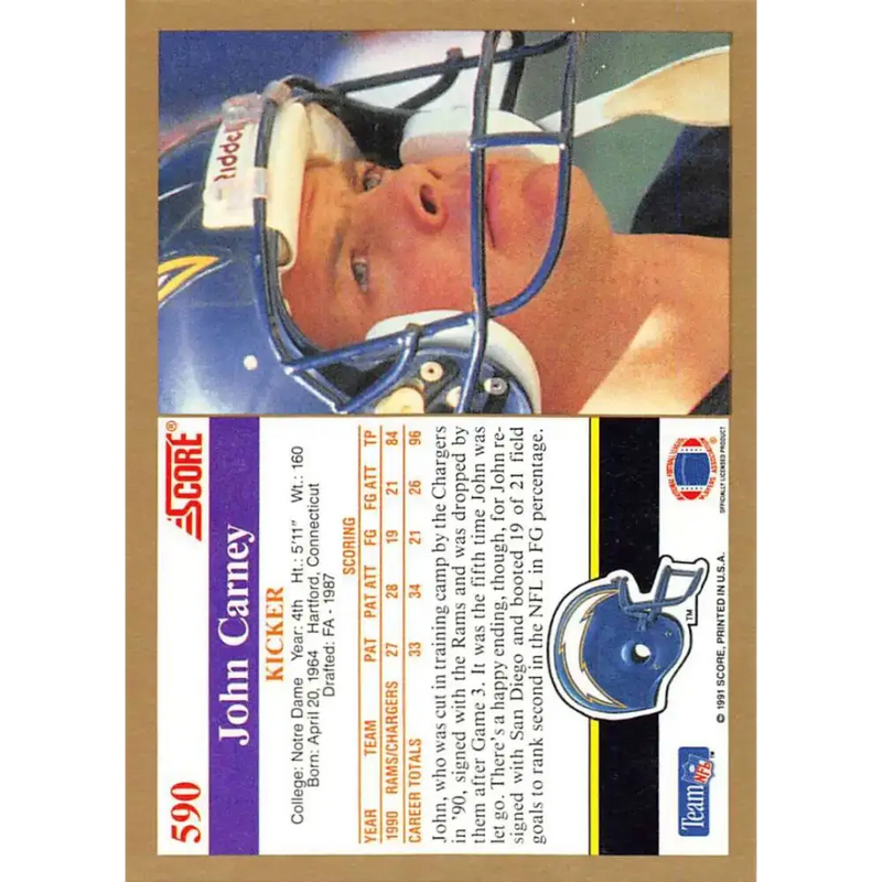 1991 Score #590 John Carney EX Excellent San Diego Chargers Football Card - Football Card Single