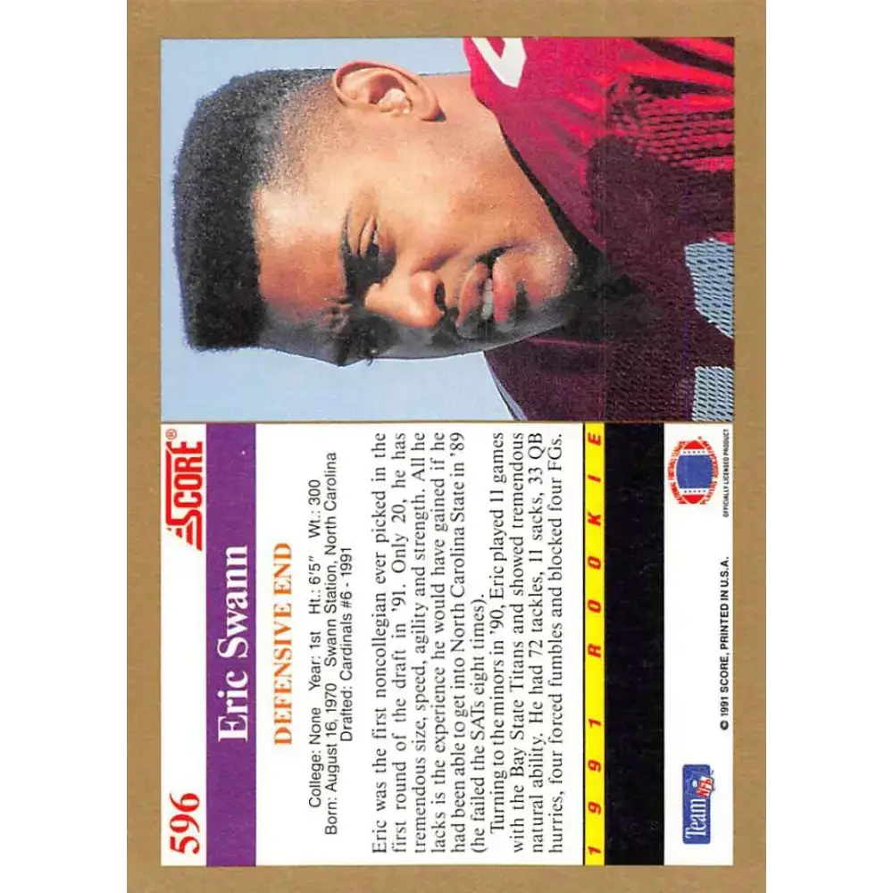 1991 Score #596 Eric Swann EX Excellent RC Rookie Phoenix Cardinals Football Card - Football Card Single