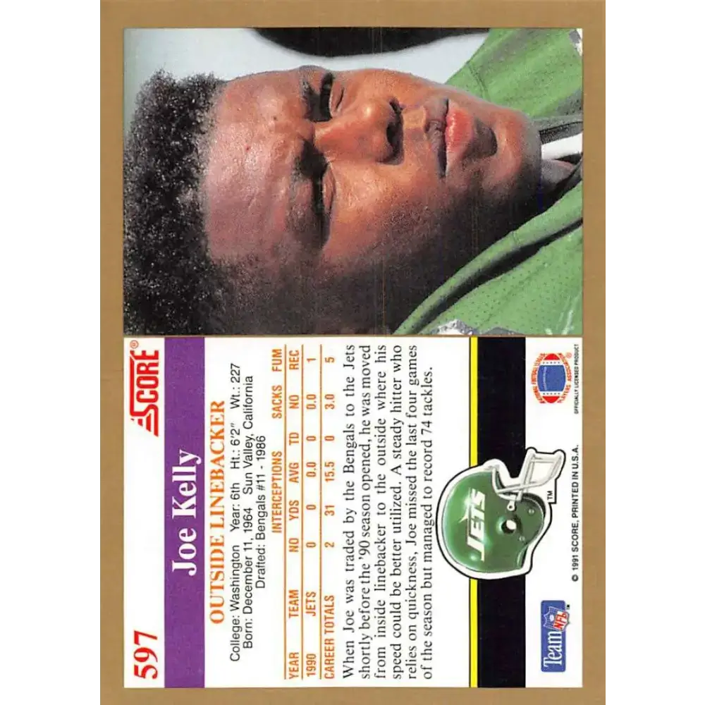 1991 Score #597 Joe Kelly EX Excellent New York Jets Football Card - Football Card Single