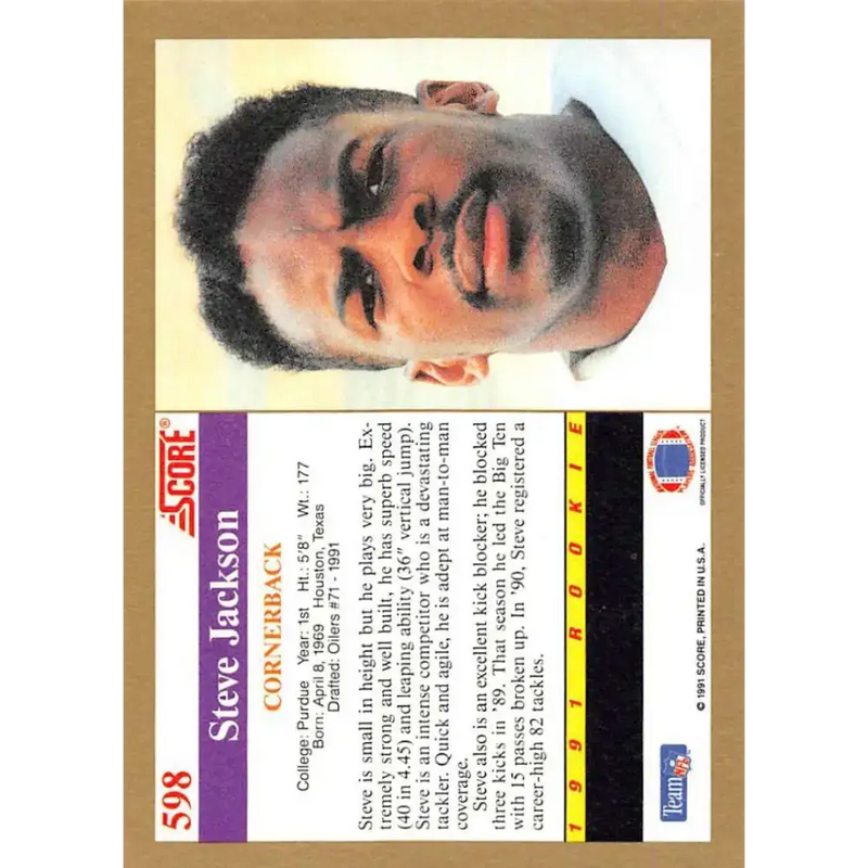 1991 Score #598 Steve Jackson EX Excellent RC Rookie Purdue Boilermakers Football Card - Football Card Single
